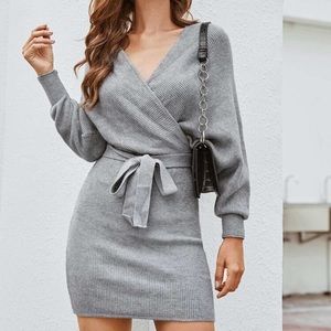 SHEIN V-cut Back Surplice Sweater Dress